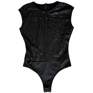 New Black Sequined Bodysuit Medium Snap Closure Club Holiday Glam Bling Sparkle